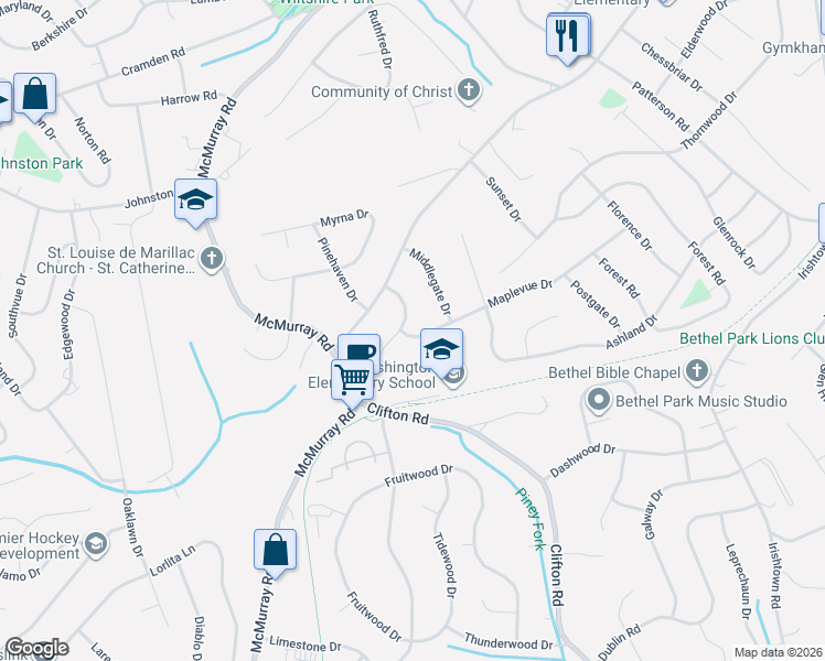 map of restaurants, bars, coffee shops, grocery stores, and more near 3703 Maplevue Drive in Bethel Park