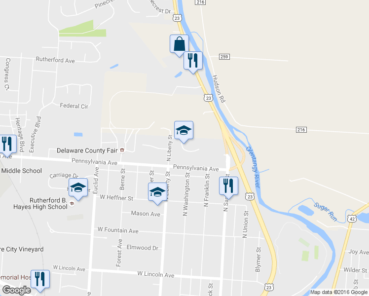 map of restaurants, bars, coffee shops, grocery stores, and more near 500 North Liberty Street in Delaware