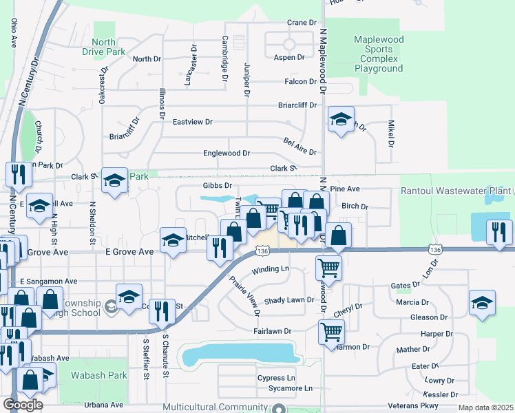 map of restaurants, bars, coffee shops, grocery stores, and more near 155-399 Alta Brown Drive in Rantoul