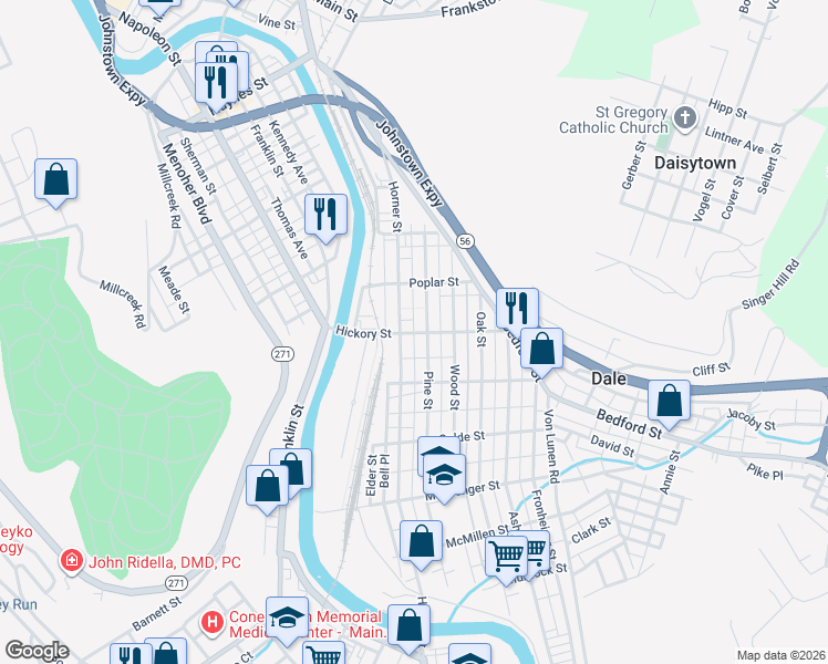 map of restaurants, bars, coffee shops, grocery stores, and more near 114 Hickory St in Johnstown