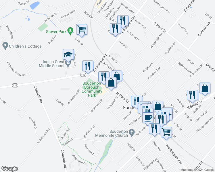 map of restaurants, bars, coffee shops, grocery stores, and more near 416 North Main Street in Souderton