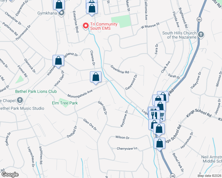 map of restaurants, bars, coffee shops, grocery stores, and more near 1112 McKnight Drive in Bethel Park