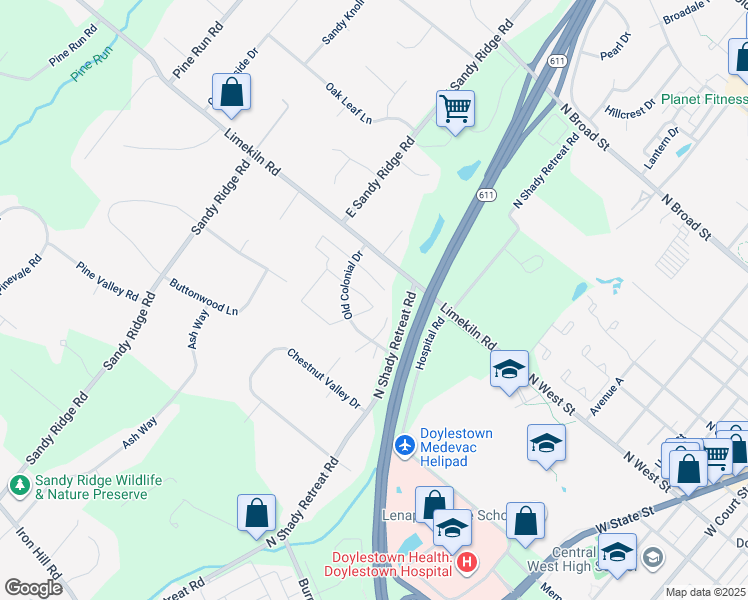 map of restaurants, bars, coffee shops, grocery stores, and more near 33 Carriage Drive in Doylestown