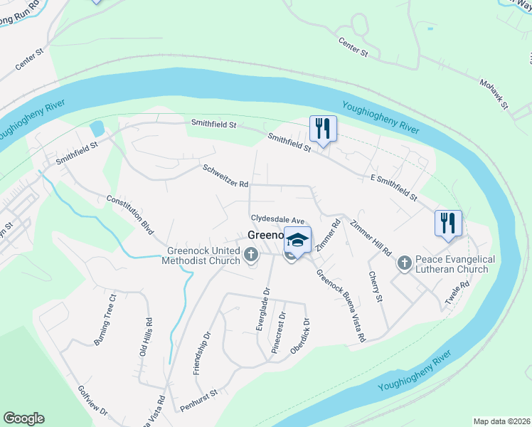 map of restaurants, bars, coffee shops, grocery stores, and more near 1105 Clydesdale Avenue in McKeesport