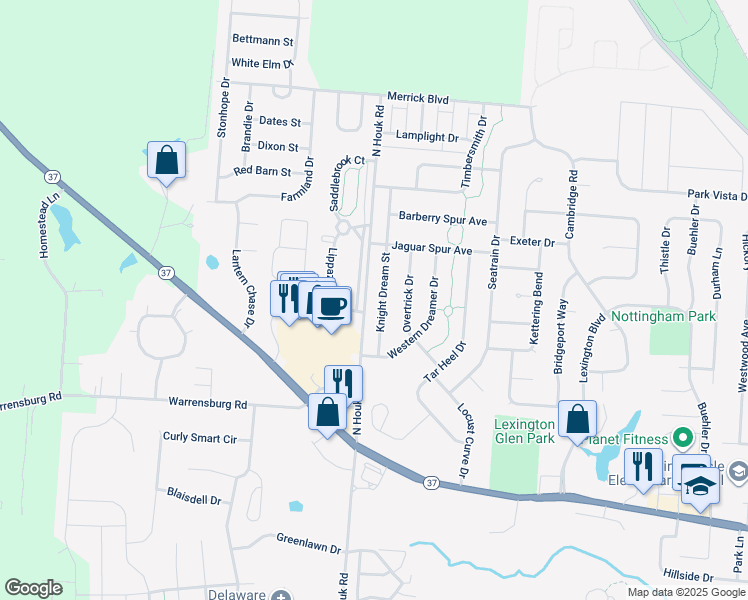 map of restaurants, bars, coffee shops, grocery stores, and more near 211 Knight Dream Street in Delaware