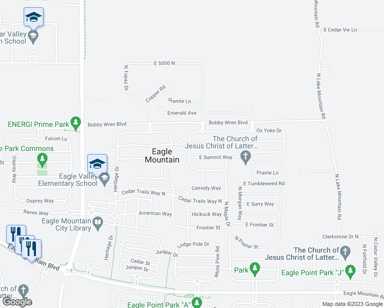 map of restaurants, bars, coffee shops, grocery stores, and more near 2067 East Summit Way in Eagle Mountain