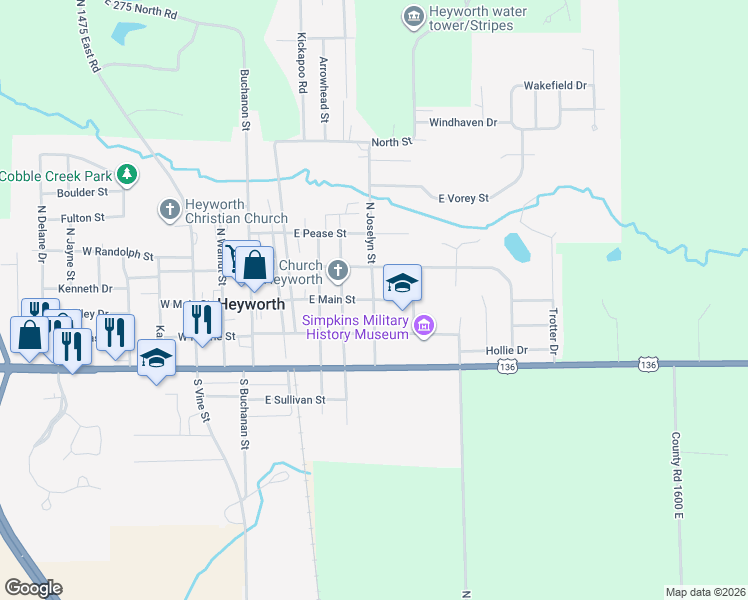 map of restaurants, bars, coffee shops, grocery stores, and more near 100 South Joselyn Street in Heyworth
