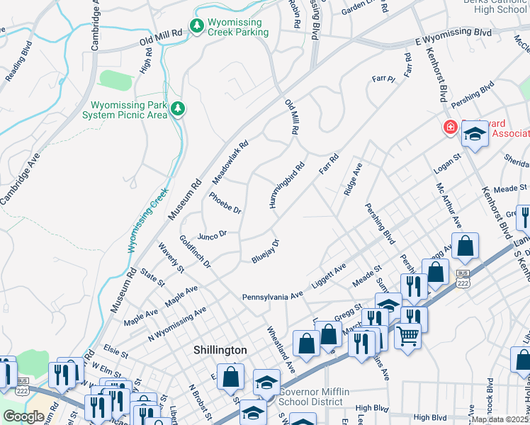 map of restaurants, bars, coffee shops, grocery stores, and more near 37 Hummingbird Rd in Wyomissing