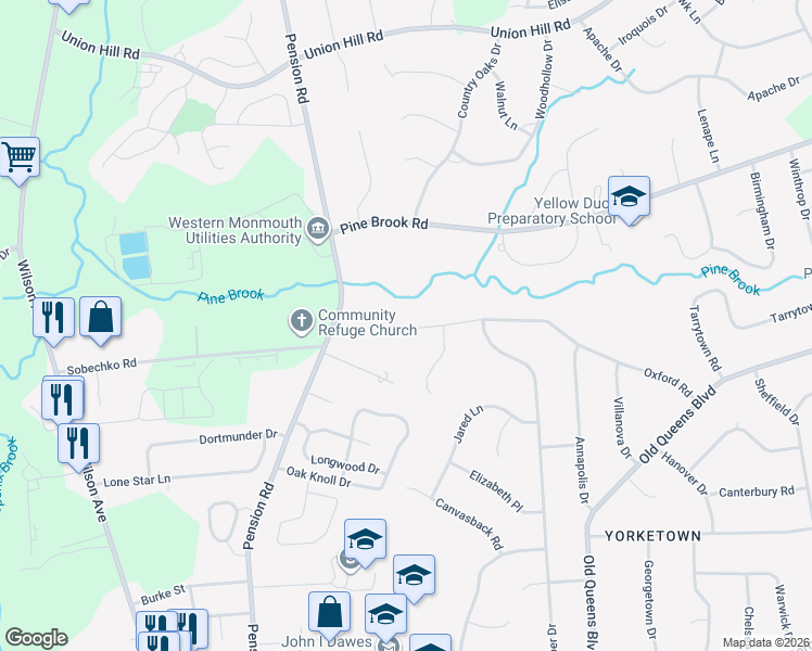 map of restaurants, bars, coffee shops, grocery stores, and more near 49 Oxford Road in Manalapan Township