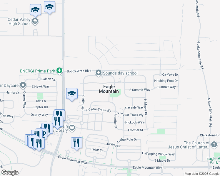 map of restaurants, bars, coffee shops, grocery stores, and more near 1941 South Independence Way in Eagle Mountain