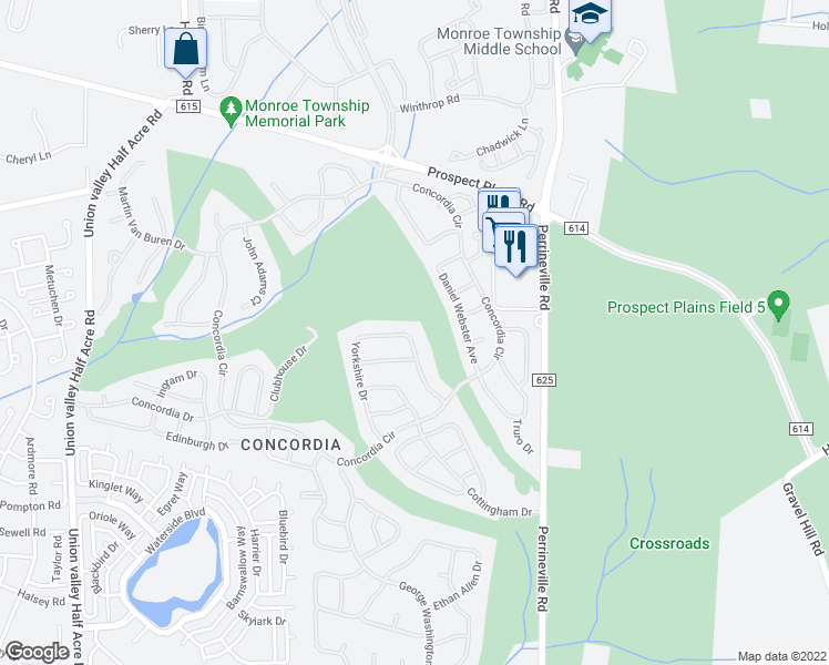map of restaurants, bars, coffee shops, grocery stores, and more near 20A Yorkshire Drive in Monroe Township