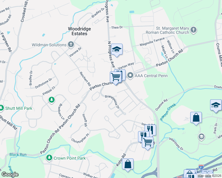 map of restaurants, bars, coffee shops, grocery stores, and more near 2201 Paxton Church Road in Harrisburg