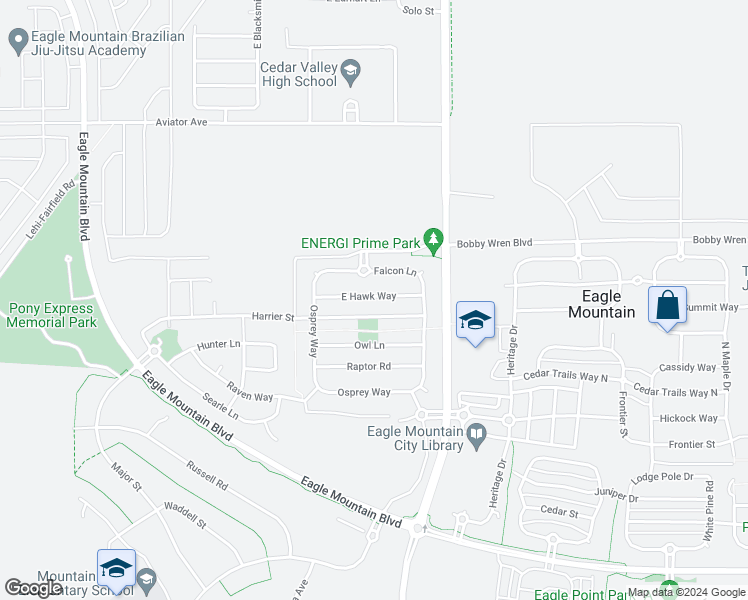 map of restaurants, bars, coffee shops, grocery stores, and more near 1424 East Hawk Way in Eagle Mountain
