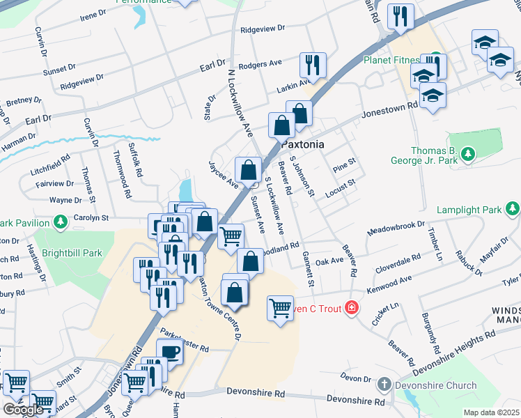 map of restaurants, bars, coffee shops, grocery stores, and more near 109 Sunset Avenue in Harrisburg