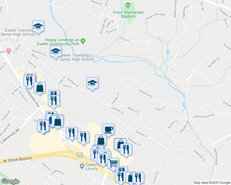 map of restaurants, bars, coffee shops, grocery stores, and more near 20 Hayden Circle in Reading