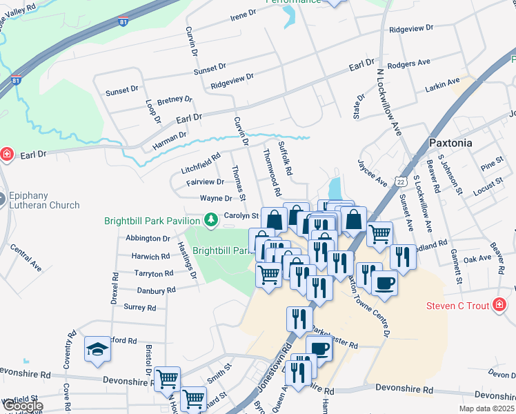 map of restaurants, bars, coffee shops, grocery stores, and more near 100 Curvin Drive in Harrisburg