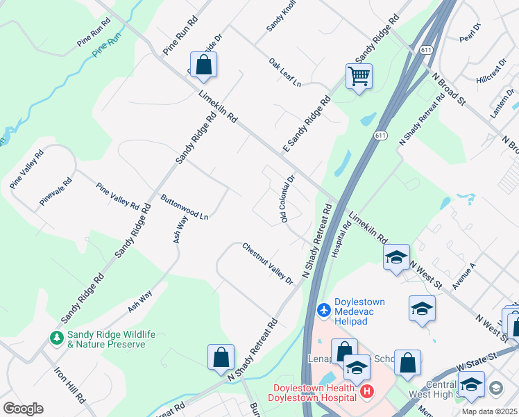 map of restaurants, bars, coffee shops, grocery stores, and more near 106 Providence Avenue in Doylestown