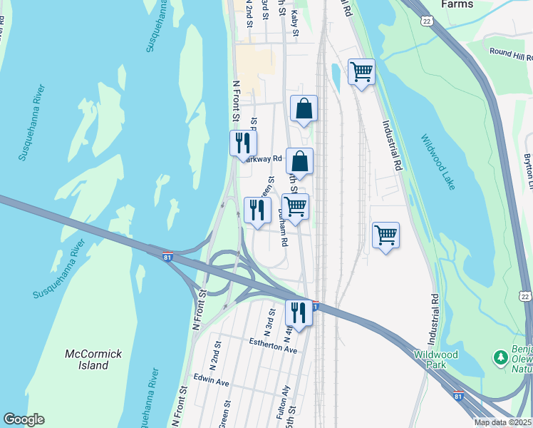 map of restaurants, bars, coffee shops, grocery stores, and more near 3916 Kingsley Drive in Harrisburg