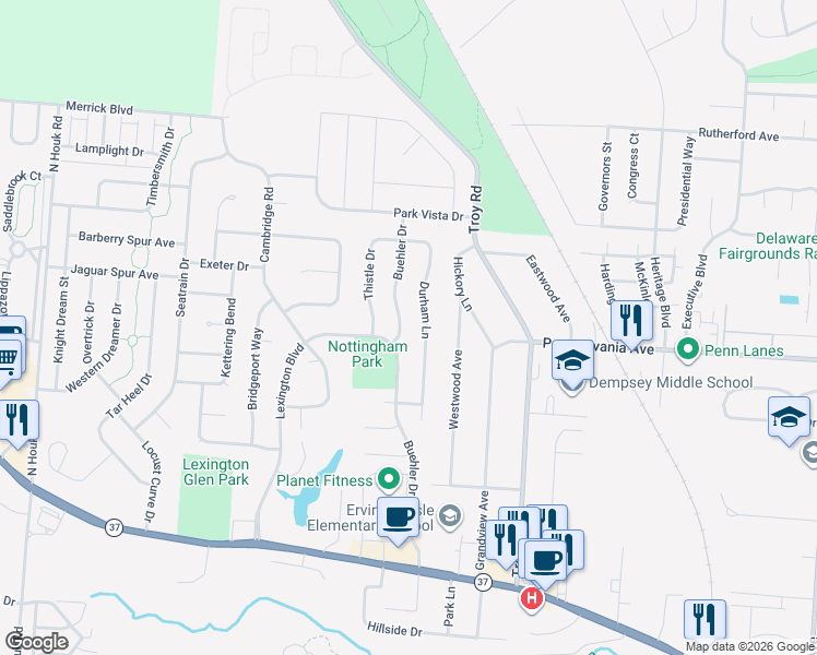map of restaurants, bars, coffee shops, grocery stores, and more near 499 Durham Lane in Delaware