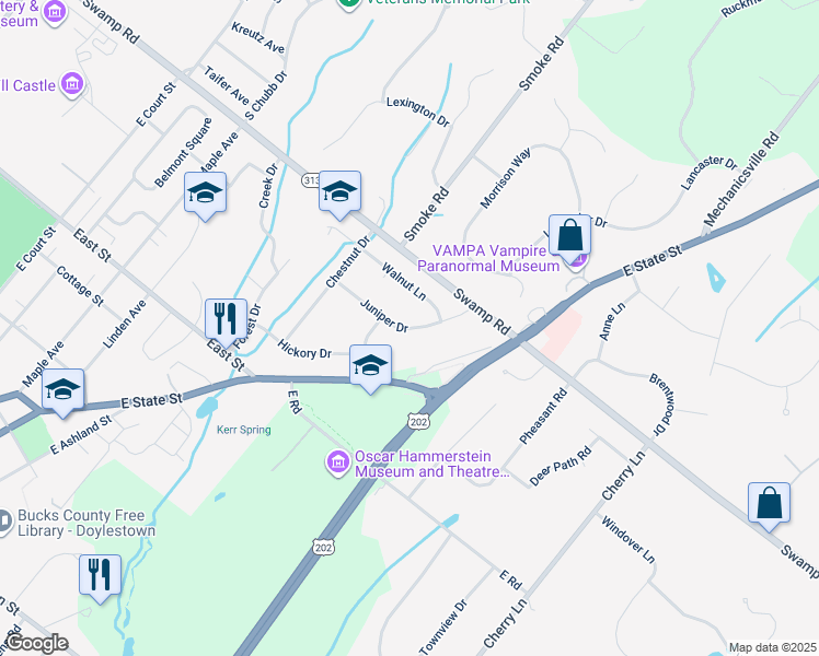 map of restaurants, bars, coffee shops, grocery stores, and more near 17 Juniper Drive in Doylestown