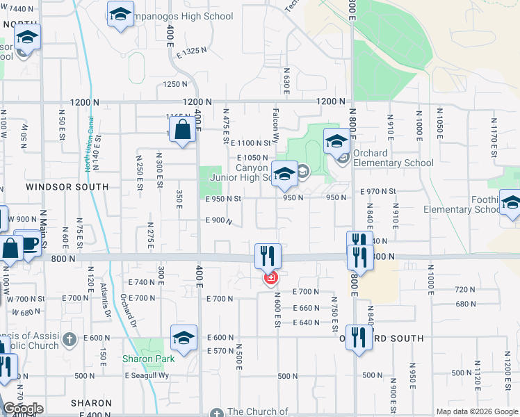 map of restaurants, bars, coffee shops, grocery stores, and more near 922 North 550 East in Orem