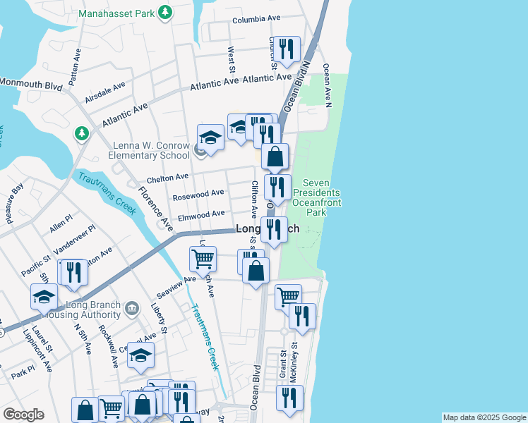 map of restaurants, bars, coffee shops, grocery stores, and more near 422 Ocean Boulevard in Long Branch
