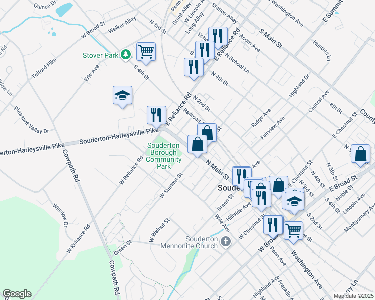 map of restaurants, bars, coffee shops, grocery stores, and more near 422 North Main Street in Souderton
