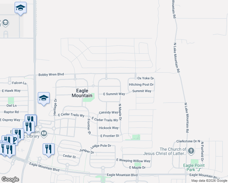 map of restaurants, bars, coffee shops, grocery stores, and more near 2190 East Summit Way in Eagle Mountain