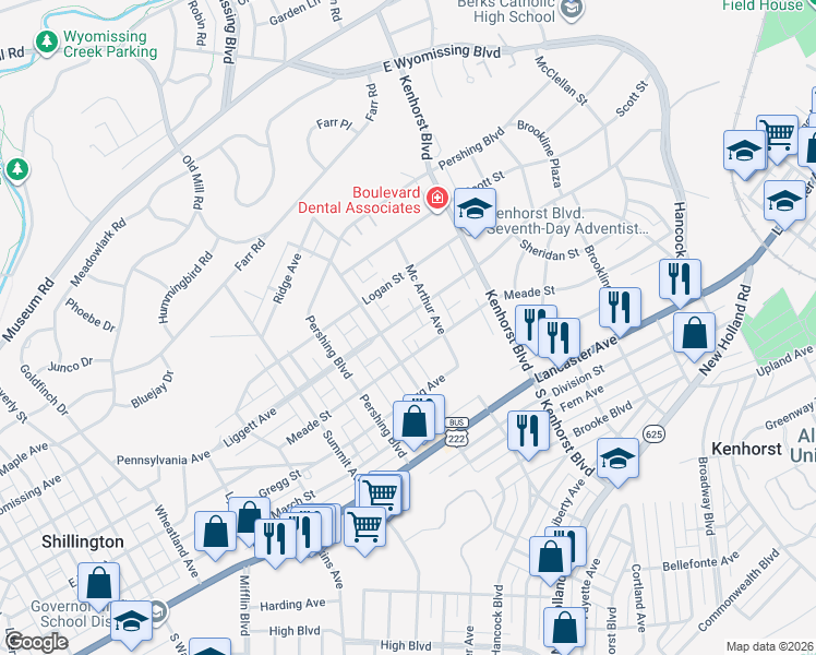 map of restaurants, bars, coffee shops, grocery stores, and more near 1431 Meade Street in Shillington