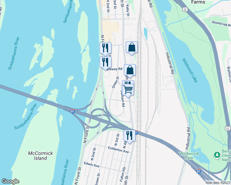 map of restaurants, bars, coffee shops, grocery stores, and more near 3916 Kingsley Drive in Harrisburg