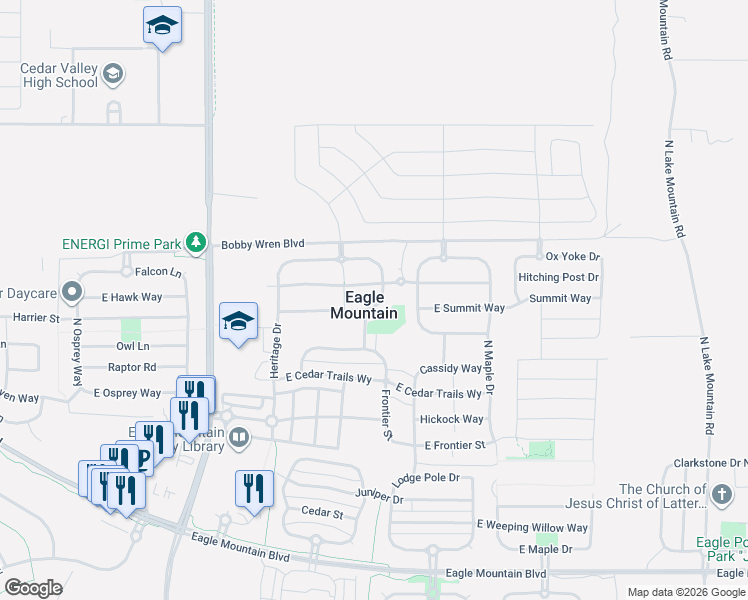 map of restaurants, bars, coffee shops, grocery stores, and more near 4603 Independence Way in Eagle Mountain