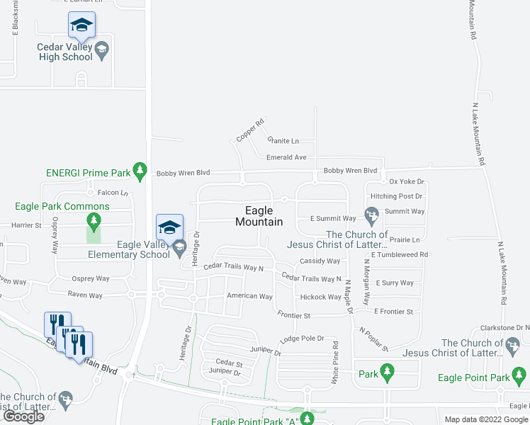 map of restaurants, bars, coffee shops, grocery stores, and more near 4603 Independence Way in Eagle Mountain