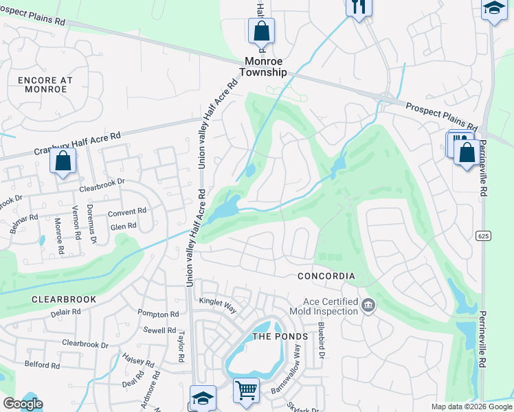 map of restaurants, bars, coffee shops, grocery stores, and more near 13 Andrew Jackson Court in Monroe Township