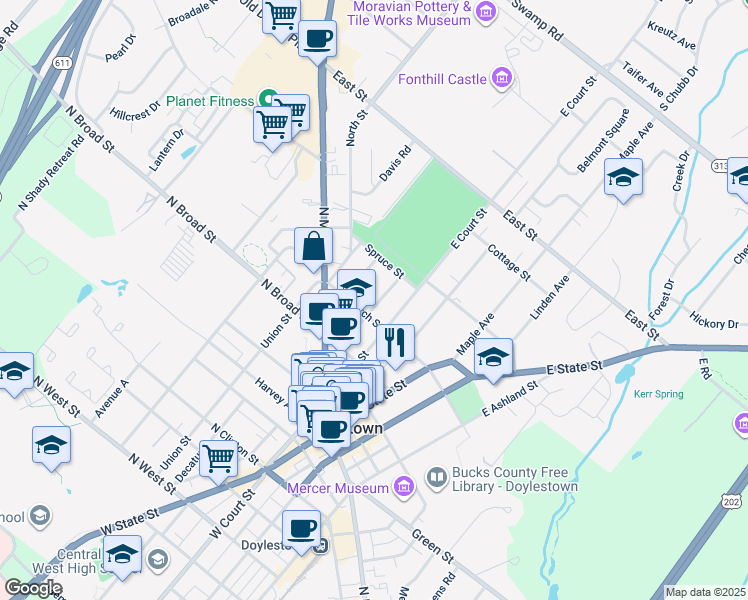 map of restaurants, bars, coffee shops, grocery stores, and more near 161 Mechanic Street in Doylestown