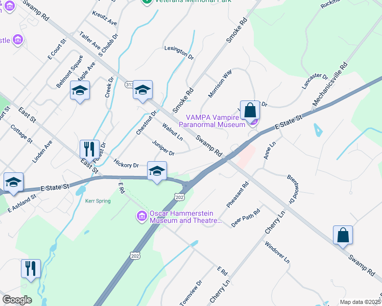 map of restaurants, bars, coffee shops, grocery stores, and more near 24 Juniper Drive in Doylestown