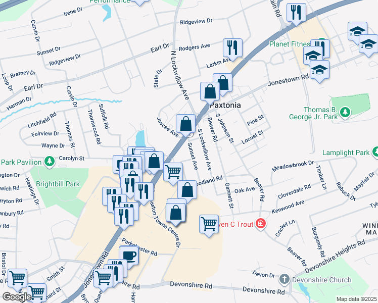 map of restaurants, bars, coffee shops, grocery stores, and more near 109 Sunset Avenue in Harrisburg
