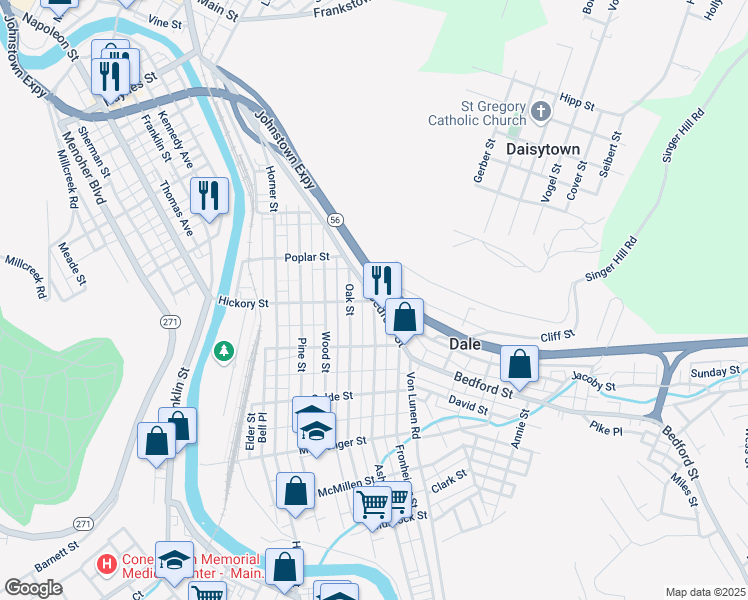 map of restaurants, bars, coffee shops, grocery stores, and more near 633 Bedford Street in Johnstown