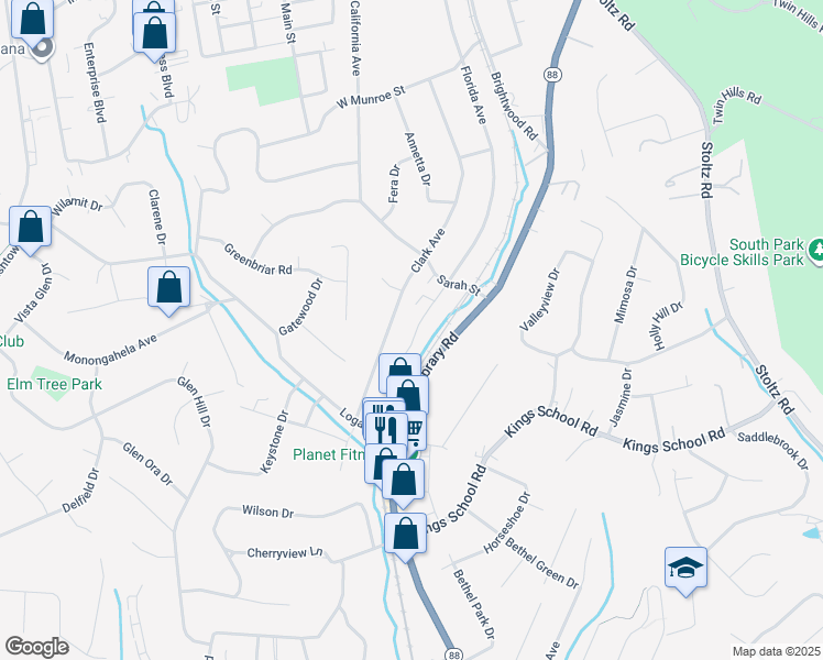 map of restaurants, bars, coffee shops, grocery stores, and more near 4205 Pebble Creek Court in Bethel Park
