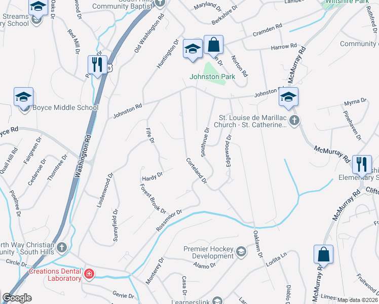 map of restaurants, bars, coffee shops, grocery stores, and more near 2469 Corteland Drive in Pittsburgh
