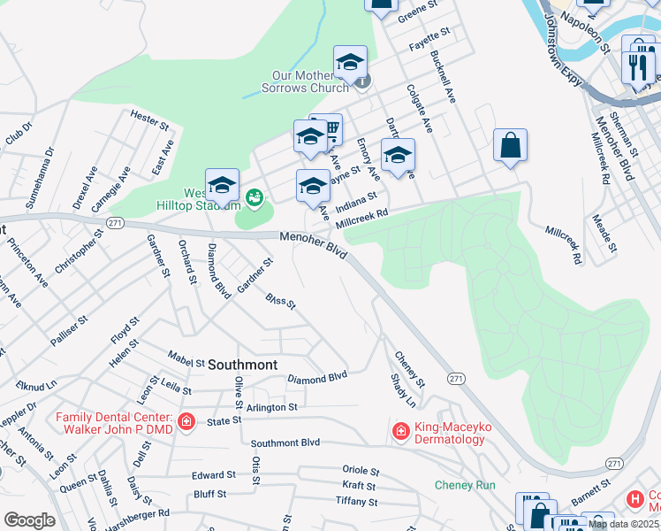 map of restaurants, bars, coffee shops, grocery stores, and more near 500 Cheney Oak Drive in Johnstown