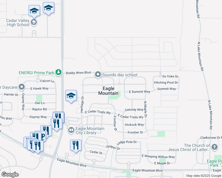 map of restaurants, bars, coffee shops, grocery stores, and more near 4603 Independence Way in Eagle Mountain