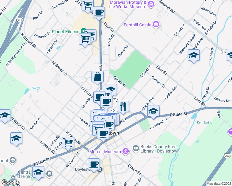 map of restaurants, bars, coffee shops, grocery stores, and more near 161 Mechanic Street in Doylestown
