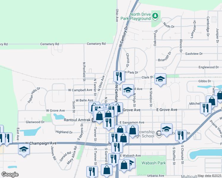 map of restaurants, bars, coffee shops, grocery stores, and more near 218 East Campbell Avenue in Rantoul