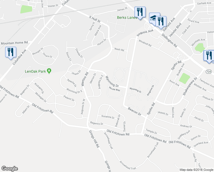 map of restaurants, bars, coffee shops, grocery stores, and more near 106 Nicole Way in Reading