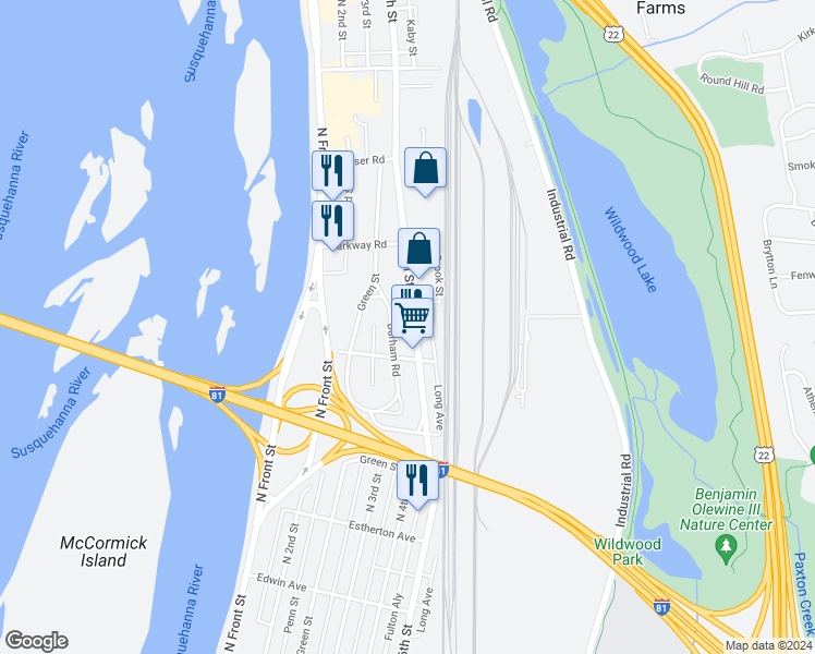 map of restaurants, bars, coffee shops, grocery stores, and more near 3926 North 6th Street in Harrisburg