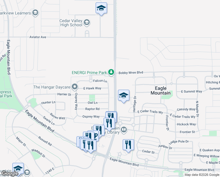 map of restaurants, bars, coffee shops, grocery stores, and more near 4610 Kestrel Way in Eagle Mountain