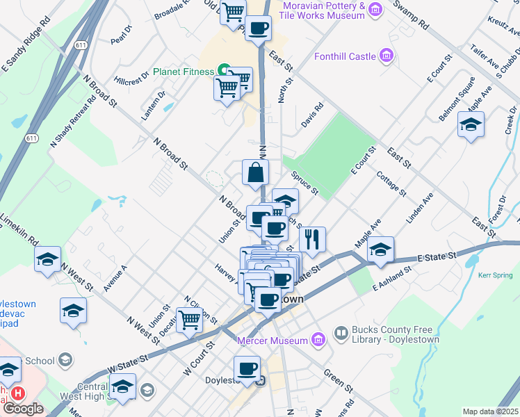 map of restaurants, bars, coffee shops, grocery stores, and more near 194 North Main Street in Doylestown