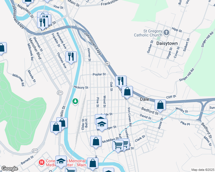 map of restaurants, bars, coffee shops, grocery stores, and more near 309 Hickory Street in Johnstown