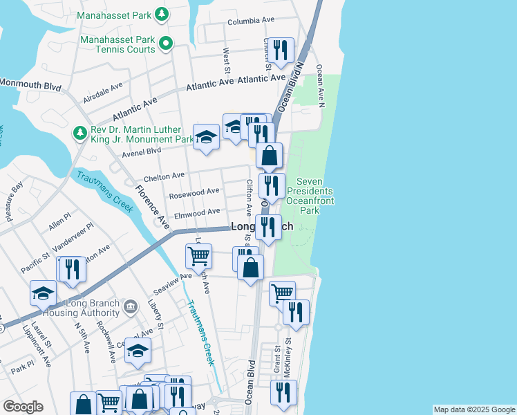 map of restaurants, bars, coffee shops, grocery stores, and more near 422 Ocean Boulevard in Long Branch