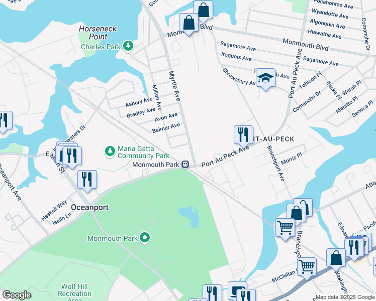 map of restaurants, bars, coffee shops, grocery stores, and more near 348 Myrtle Avenue in Oceanport